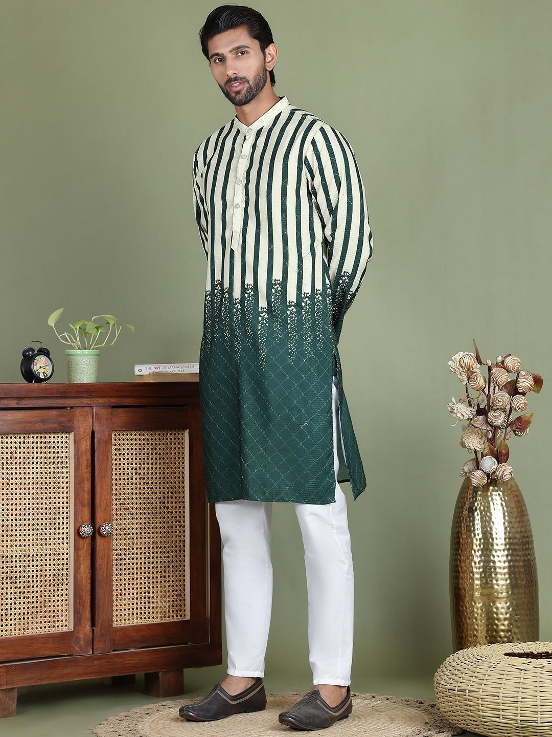 Jompers Striped Printed Band Collar Straight Kurta With Trouser