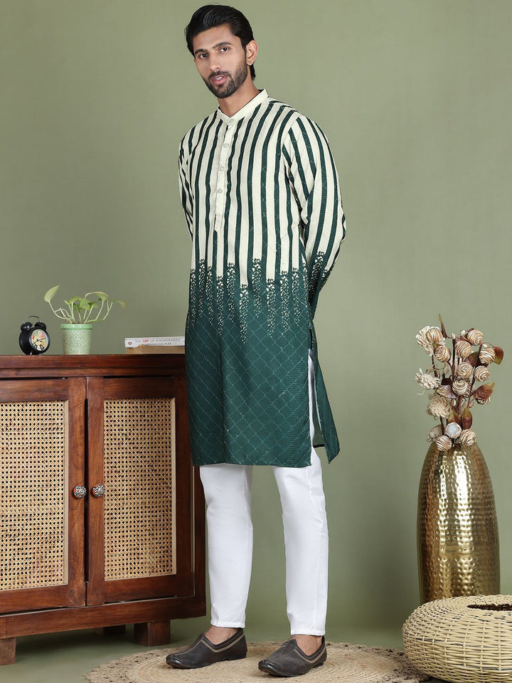 Jompers Striped Printed Band Collar Straight Kurta With Trouser