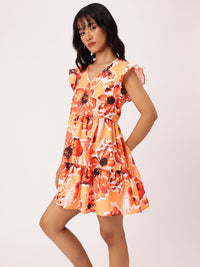 DressBerry Vibrant Chic Floral Printed Flutter Sleeve Gathered Tiered A-Line Mini Dress