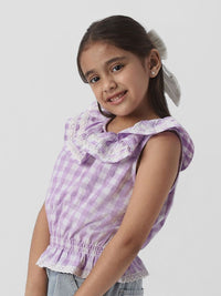 Nauti Nati Girls Checked Peter Pan Collar Cotton Cinched Waist Top