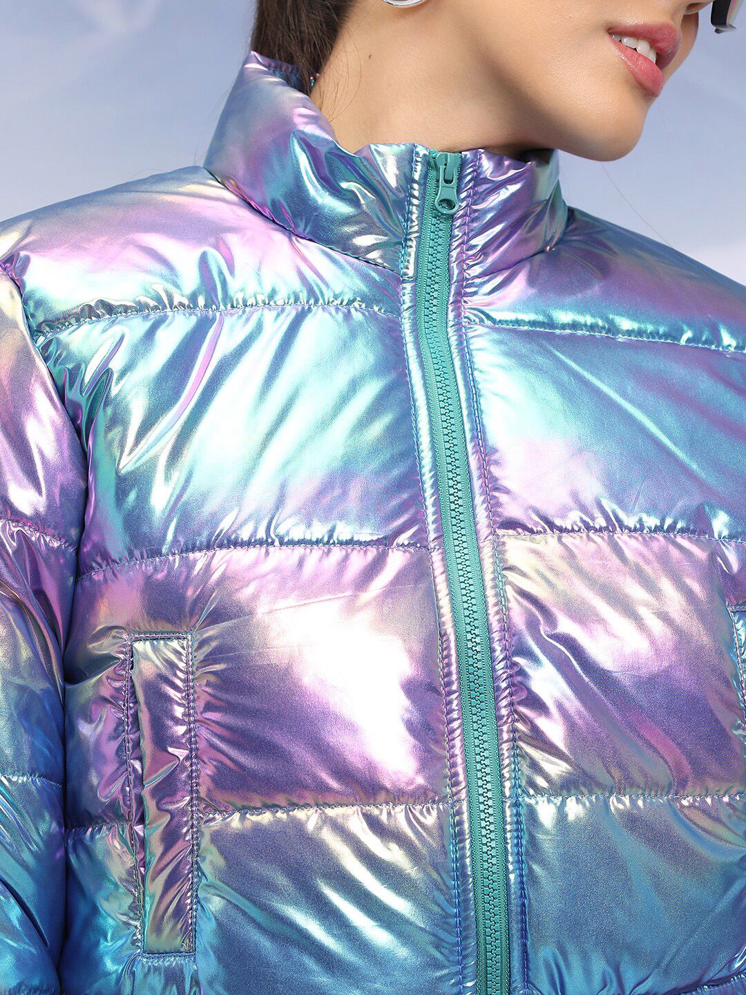 Tokyo Talkies Blue Mock Collar Long Sleeves Crop Puffer Jacket