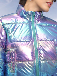 Tokyo Talkies Blue Mock Collar Long Sleeves Crop Puffer Jacket
