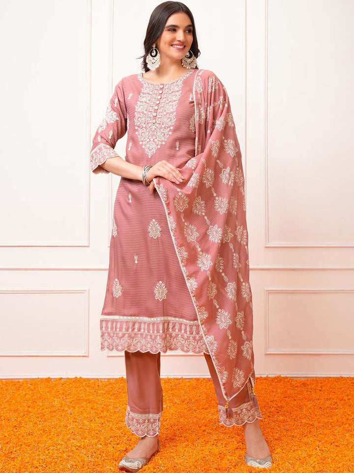 Vishudh Rose Ethnic Motifs Embroidered Regular Kurta with Trouser & Dupatta