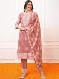 Vishudh Rose Ethnic Motifs Embroidered Regular Kurta with Trouser & Dupatta