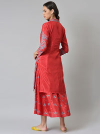 W Women Red & Blue Printed Layered Ethnic Midi Dress