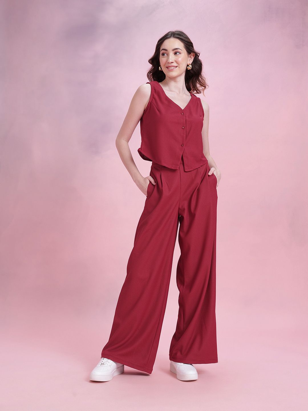 DressBerry Textured Vest Top With Pleated Pants Co-Ords