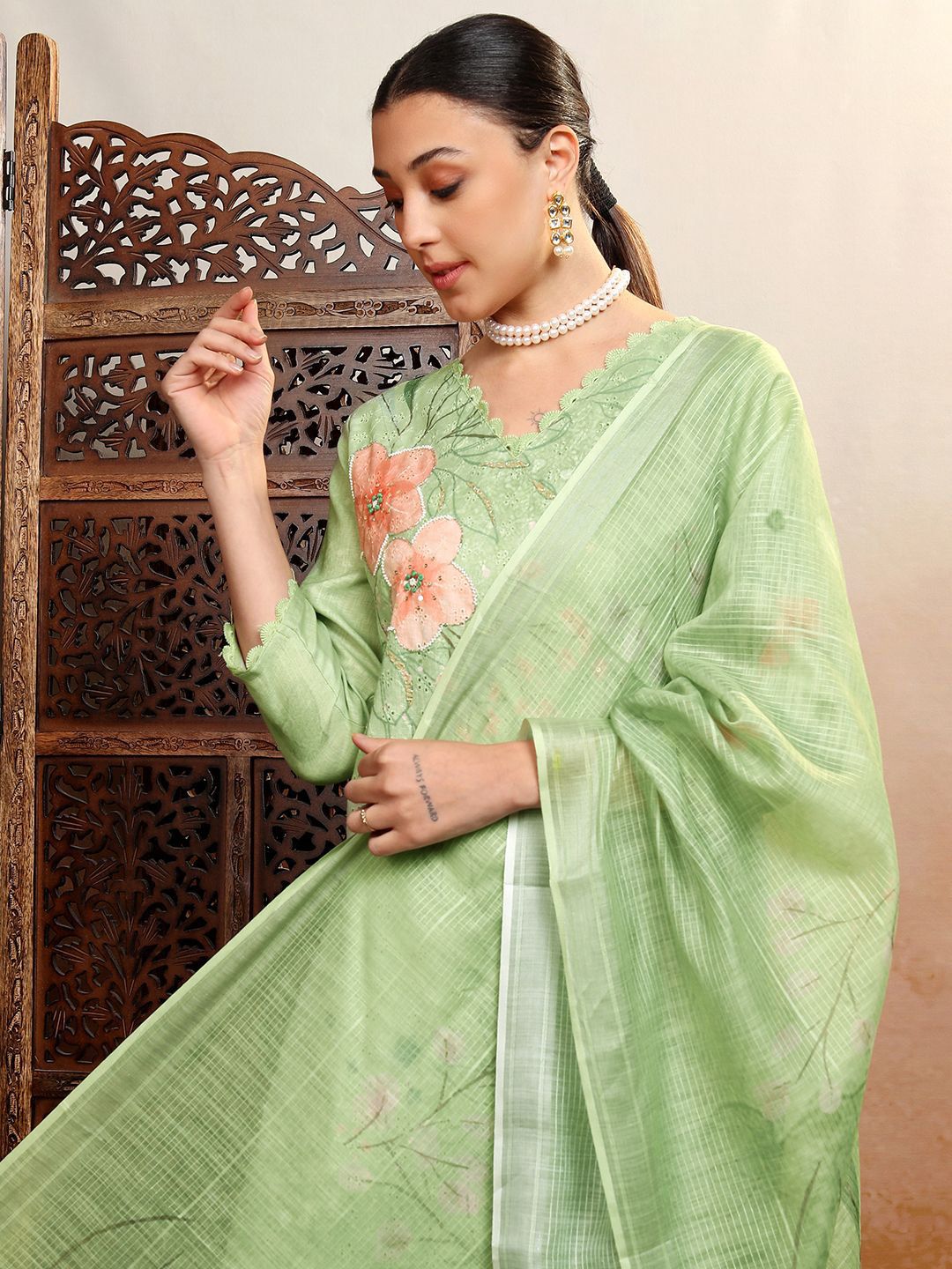 Vishudh Green Printed Thread Work Pure Cotton Straight Kurta With Trousers & Dupatta