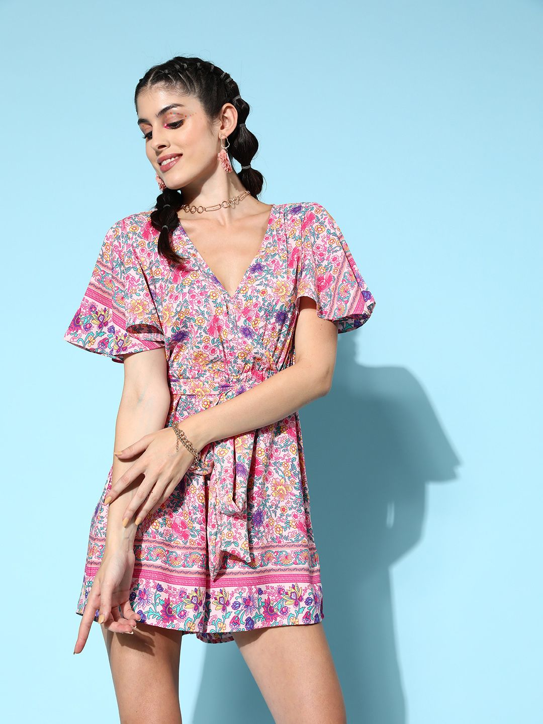 Berrylush Women Floral Printed V-Neck Playsuit