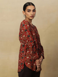 W Red Floral Printed Pure Cotton Straight Kurti