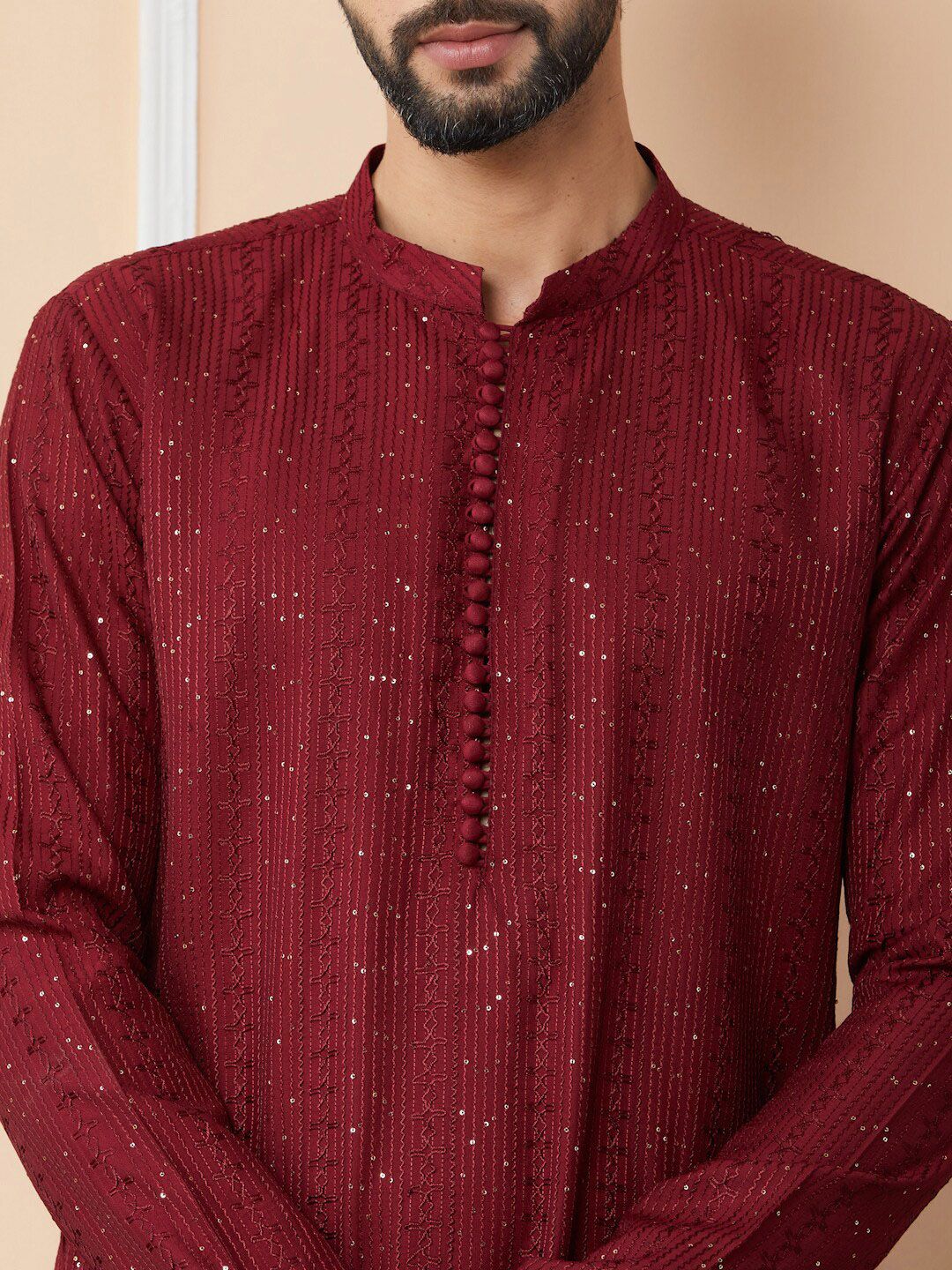 See Designs Mandarin Collar Long Sleeves Thread Work Chanderi Silk Straight Kurta