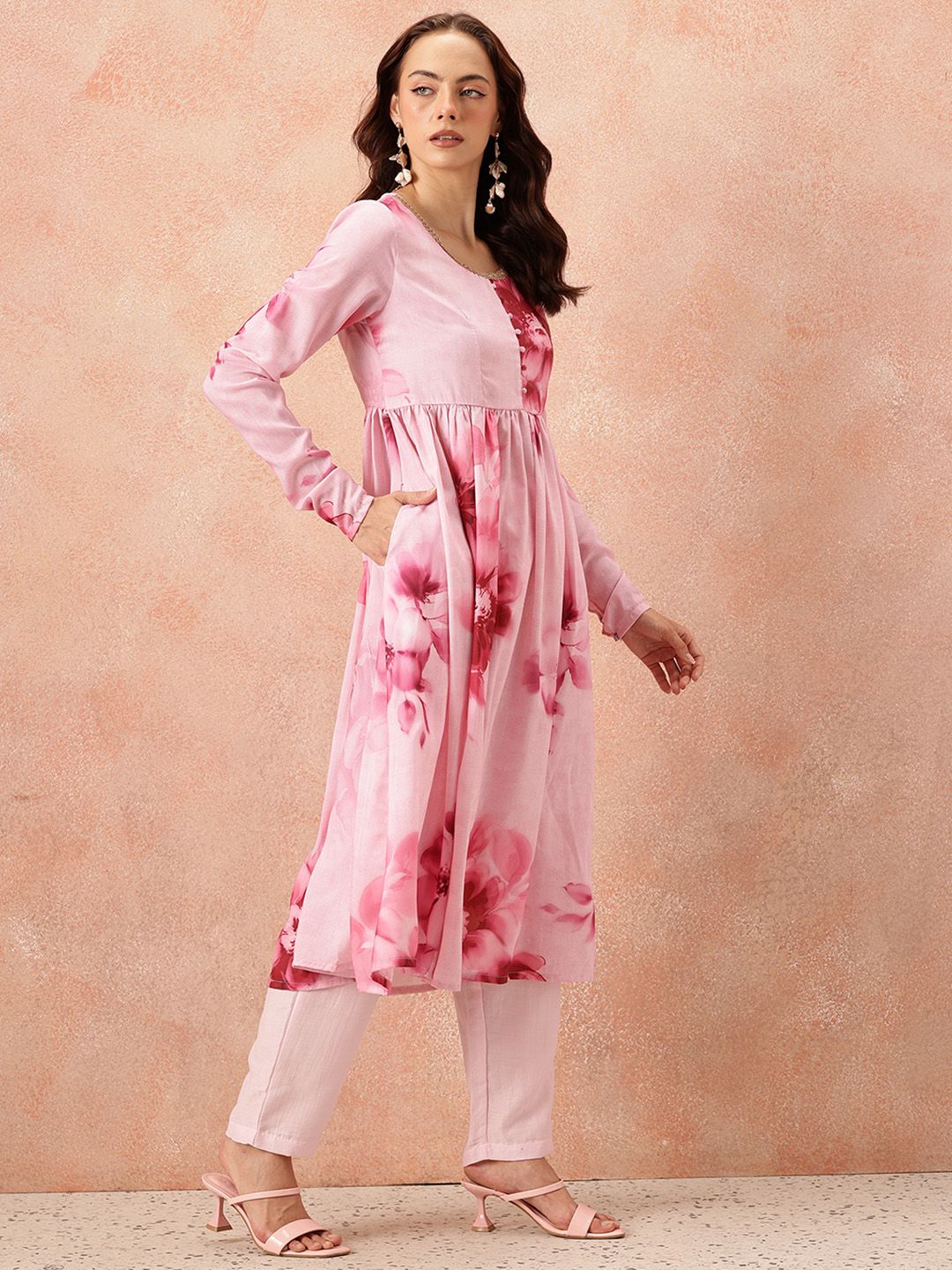all about you Floral Printed Pleated Kurta With Trousers & Dupatta