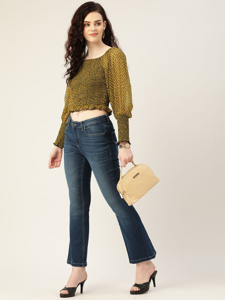 Antheaa Black & Mustard Printed Smocked Chiffon Crop Top