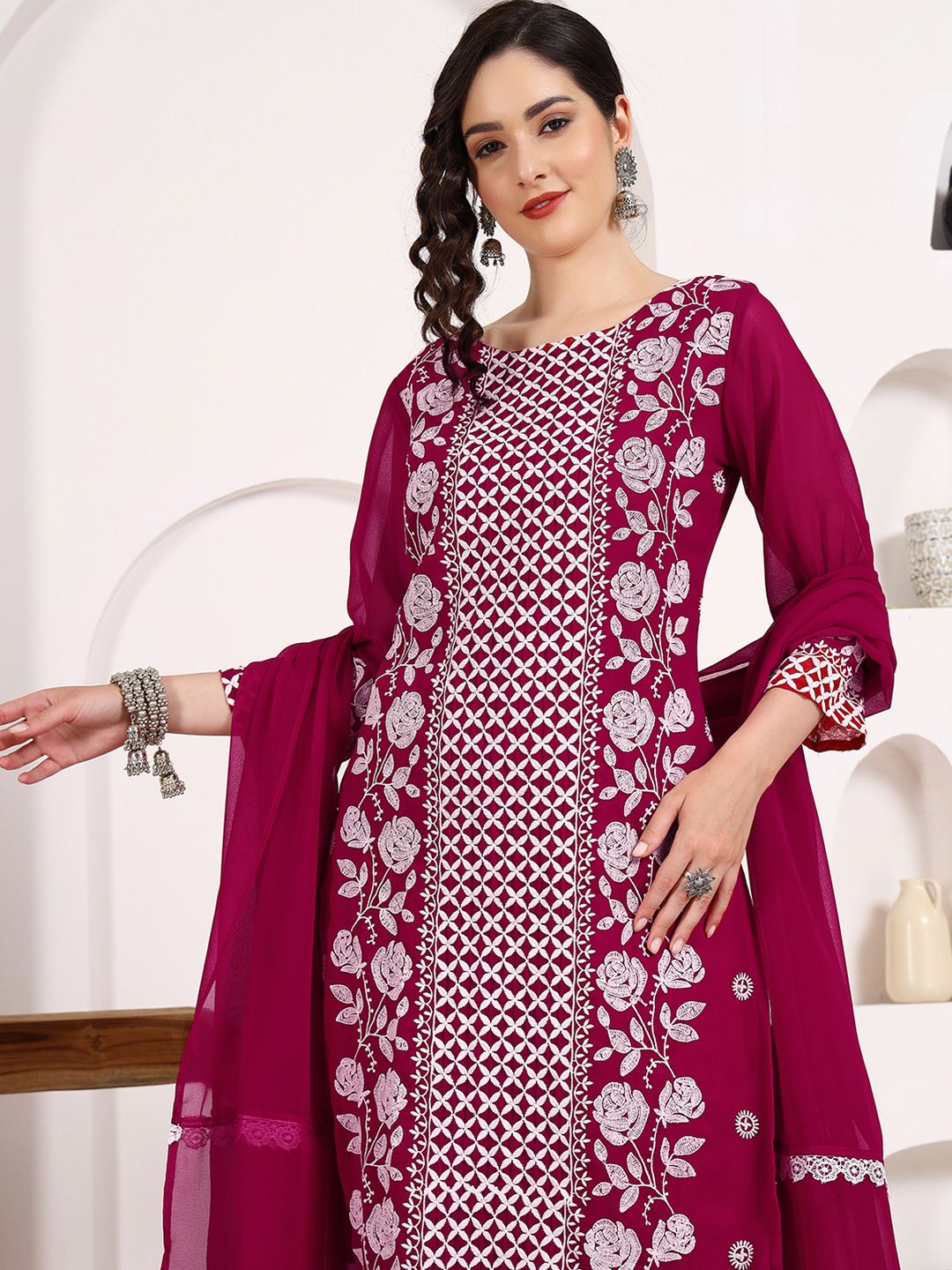 KALINI Floral Embroidered Chikankari Georgette Straight Kurta With Trousers & Dupatta