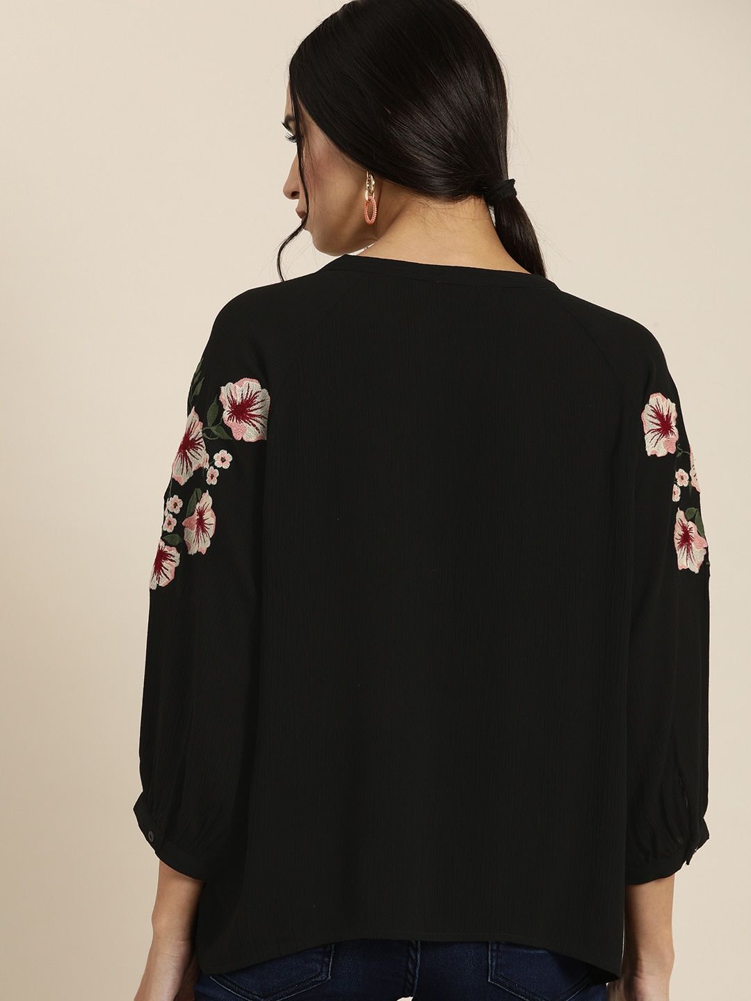all about you Black Puff Sleeves Regular Top With Embroidery