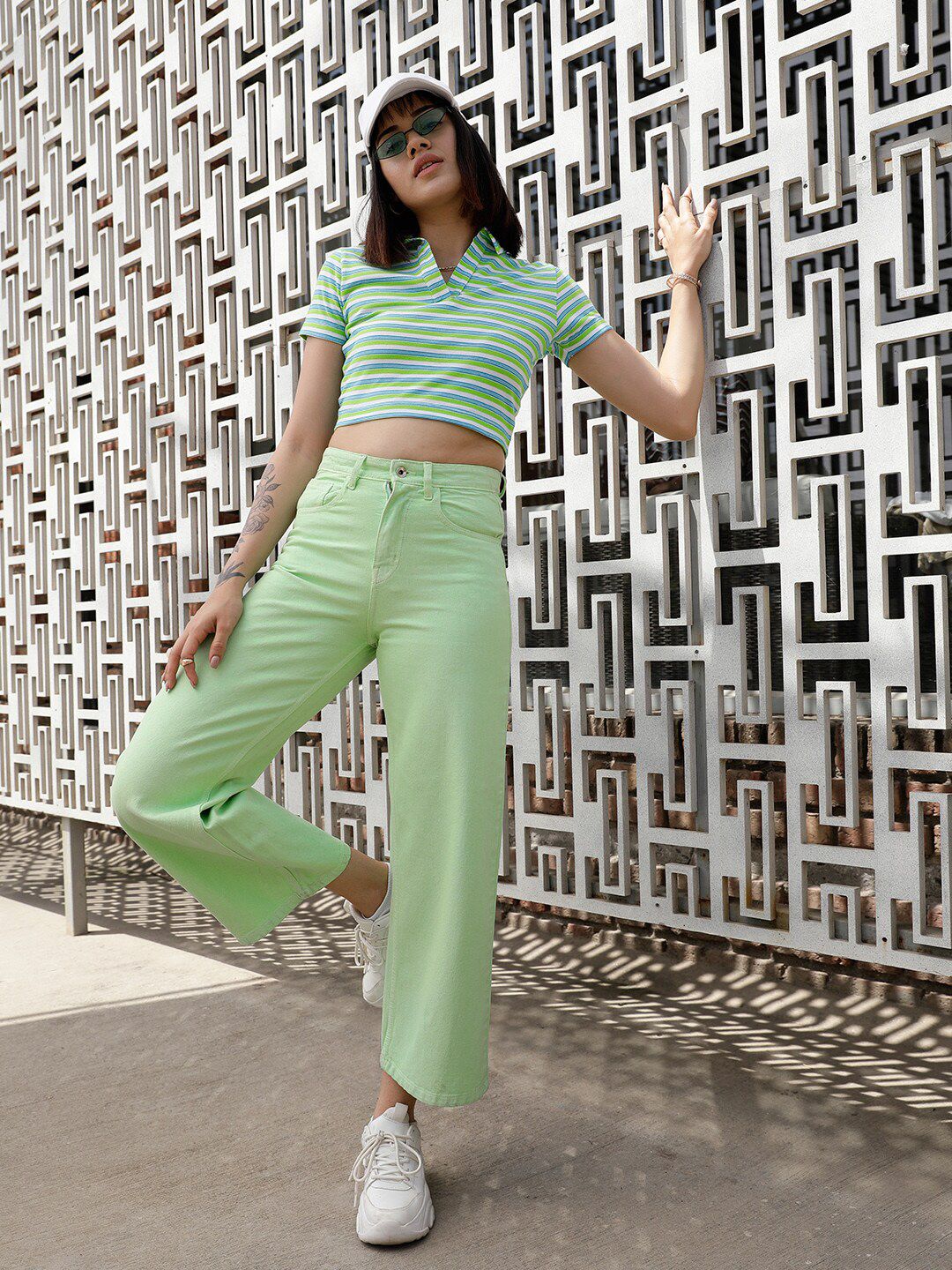 STREET 9 Green & White Striped Polo Collar Crop Pure Cotton T-shirt