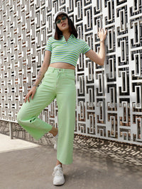 STREET 9 Green & White Striped Polo Collar Crop Pure Cotton T-shirt