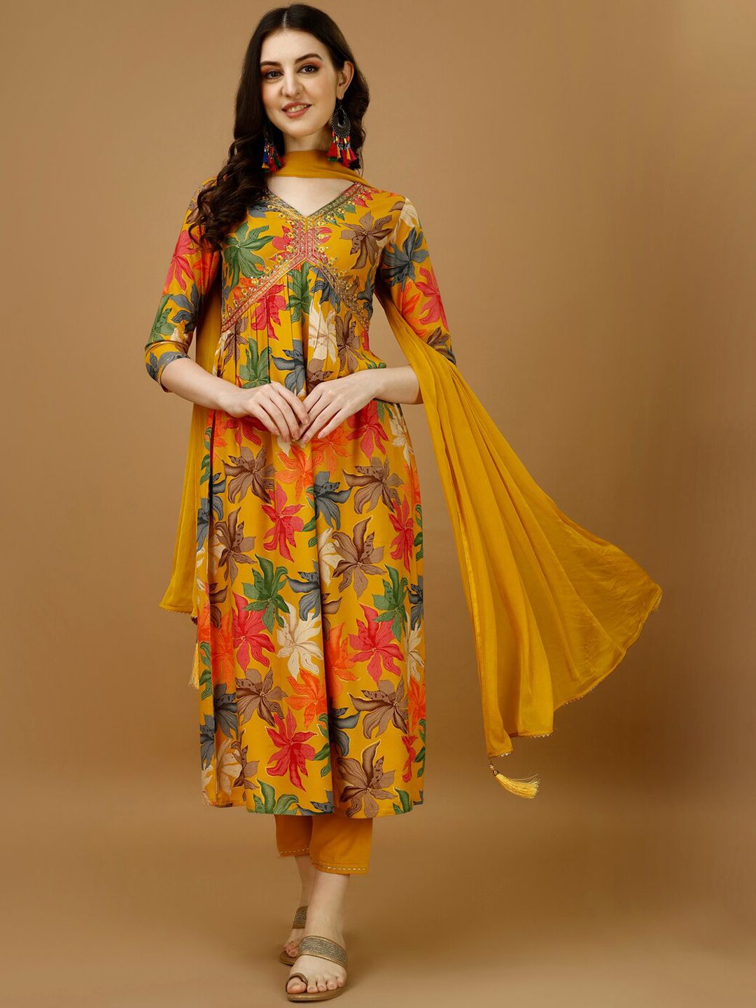 KALINI Floral Printed Empire Thread Work Kurta with Trousers & With Dupatta