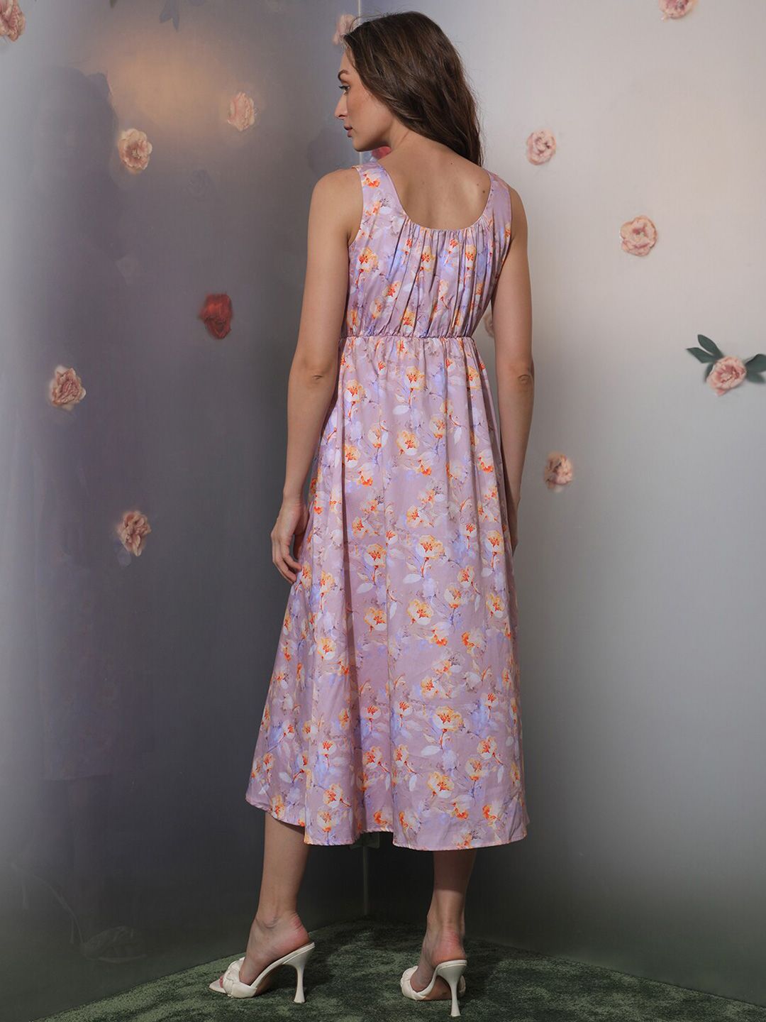 RAREISM Floral Printed Cotton Fit & Flare Midi Dress