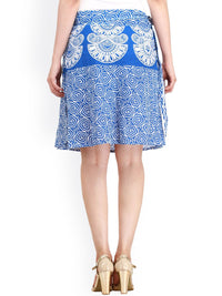 Exotic India Pure Cotton Princess Blue Block Printed Wrap-Around Mini-Skirt