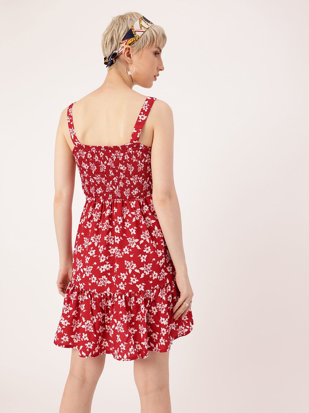 DressBerry Classy Chic Floral Printed Cut-Outs Smocked A-Line Mini Dress