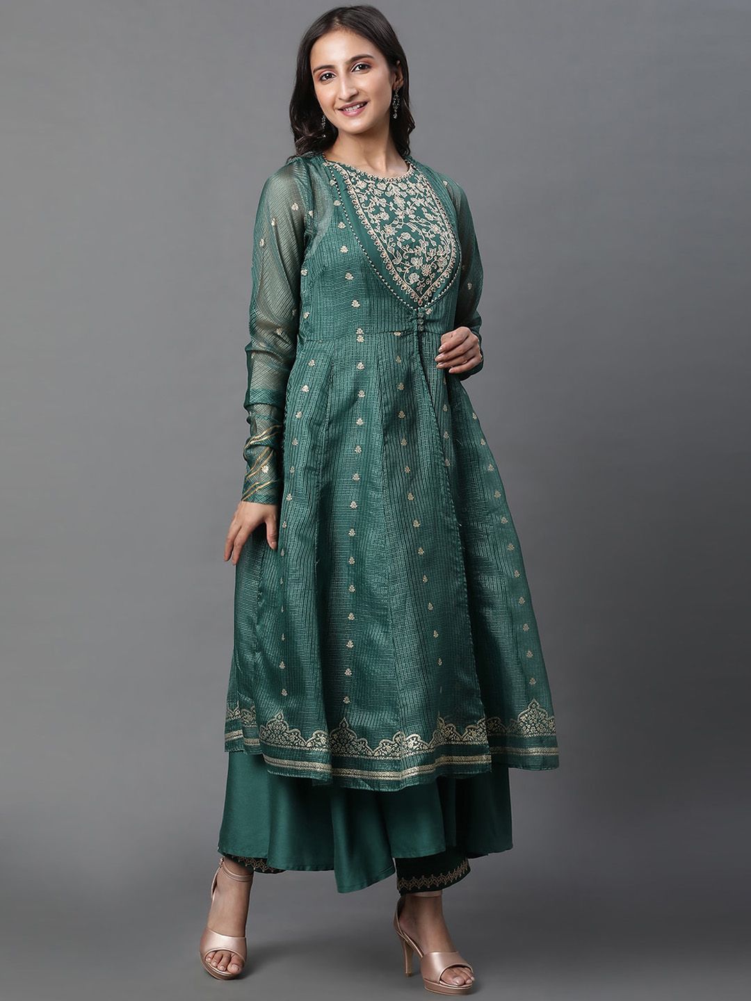 W Floral Embroidered Anarkali Thread Work Kurta With Palazzos