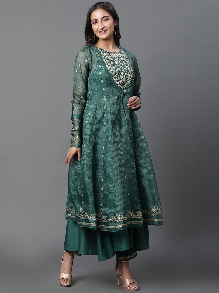 W Floral Embroidered Anarkali Thread Work Kurta With Palazzos