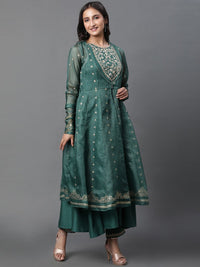 W Floral Embroidered Anarkali Thread Work Kurta With Palazzos