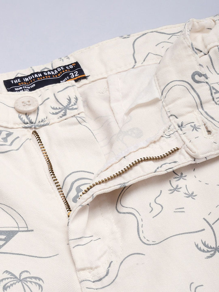 The Indian Garage Co Men Cream-Coloured Printed Slim Fit Cotton Chino Shorts