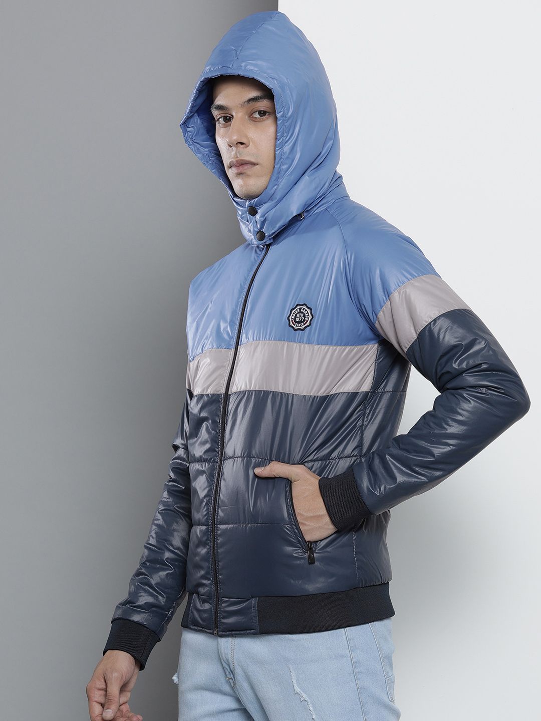 The Indian Garage Co Men Slim Fit Biker Jacket with Detachable Hood