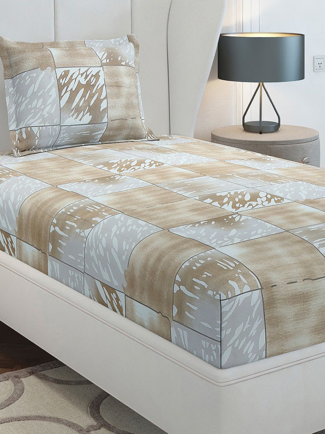 Monte Carlo Beige &amp; Grey Geometric Printed Cotton 104 TC Single Cadar Set-2.24mx 1.52m