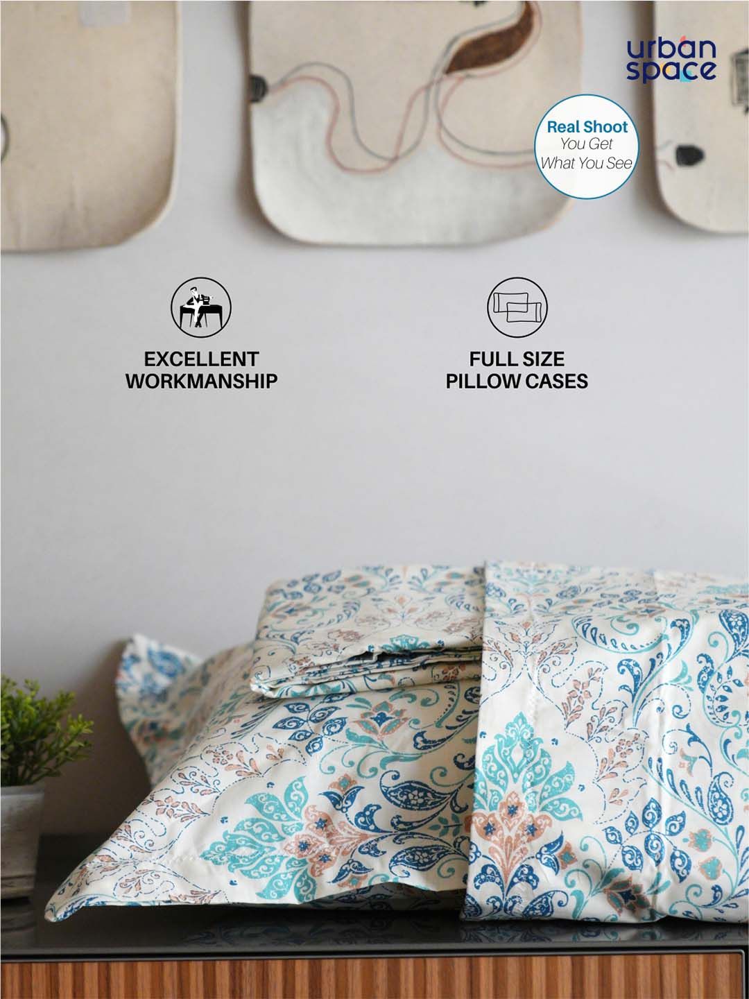 URBAN SPACE Serene White & Blue Printed Cotton 200 TC Single Bedsheet with Pillow Cover