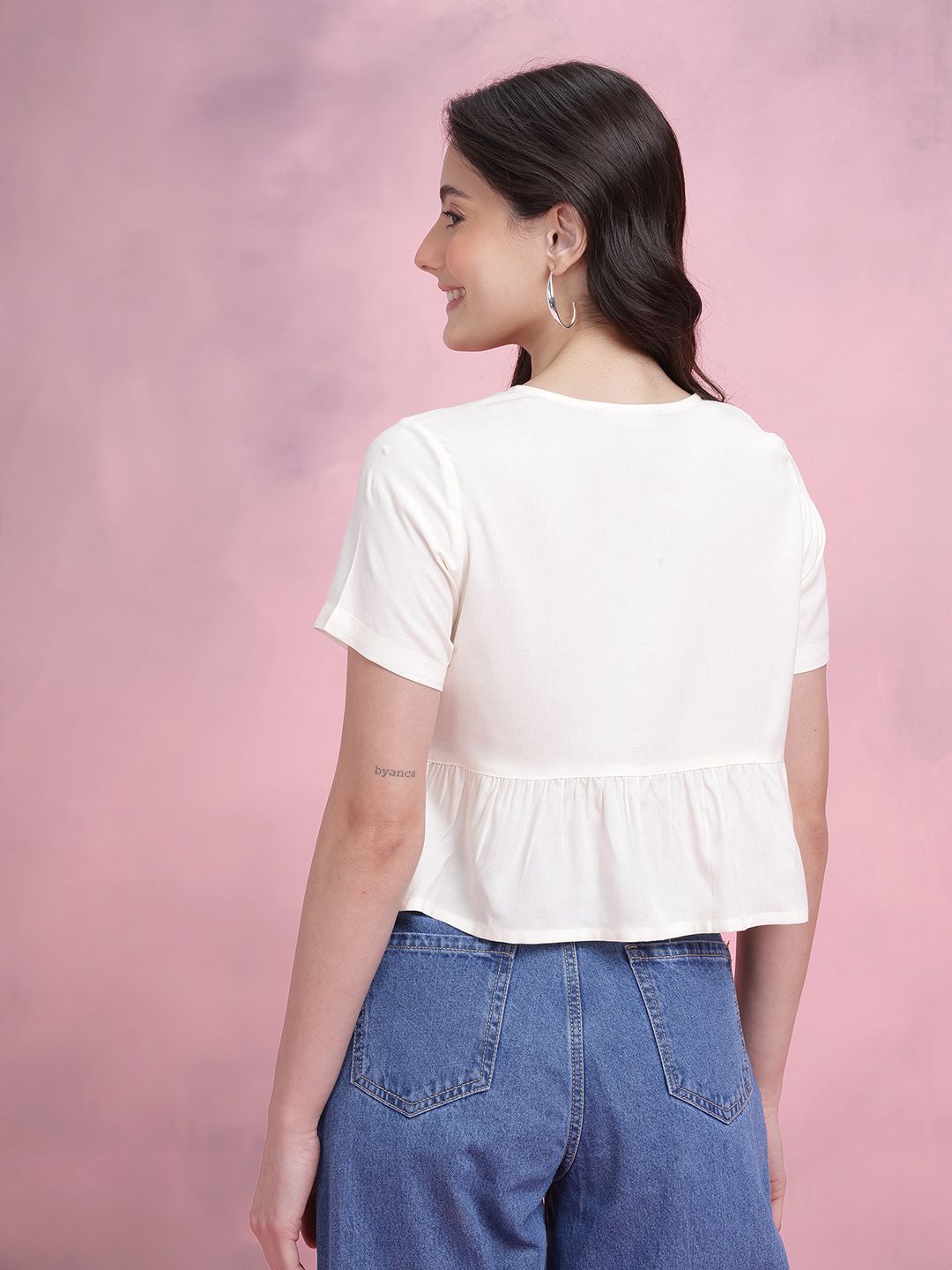 DressBerry Tie-up Detail Pleated Plunge Neck Regular Top