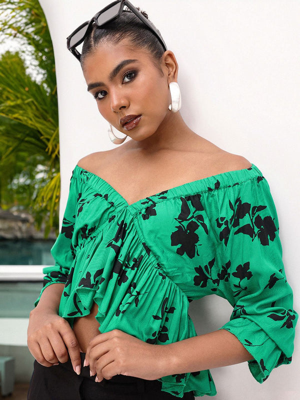 DressBerry leafy Floral Print Off-Shoulder A-Line Top