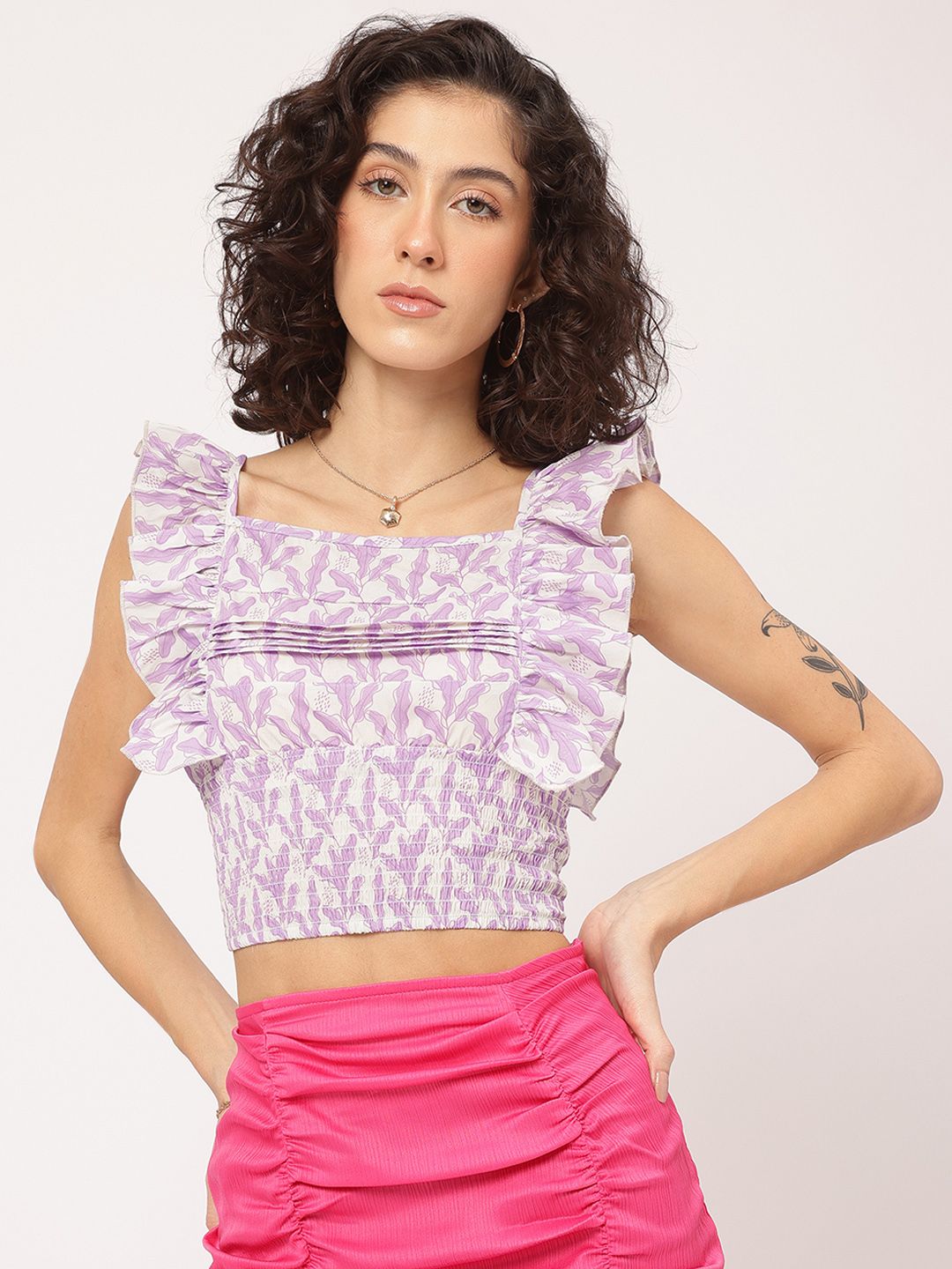 DressBerry Lavender Love Printed Ruffled Smocked Crop Top