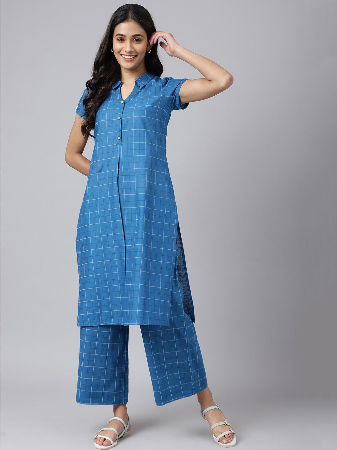 AURELIA Women Blue Checked Keyhole Neck Kurta