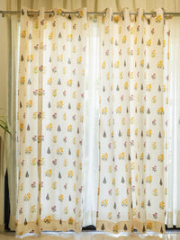 URBAN SPACE Yellow & Green 2-Pieces Floral Cotton Window Curtains