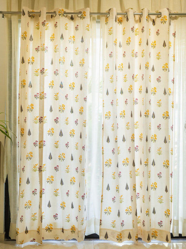 URBAN SPACE Yellow & Green 2-Pieces Floral Cotton Window Curtains