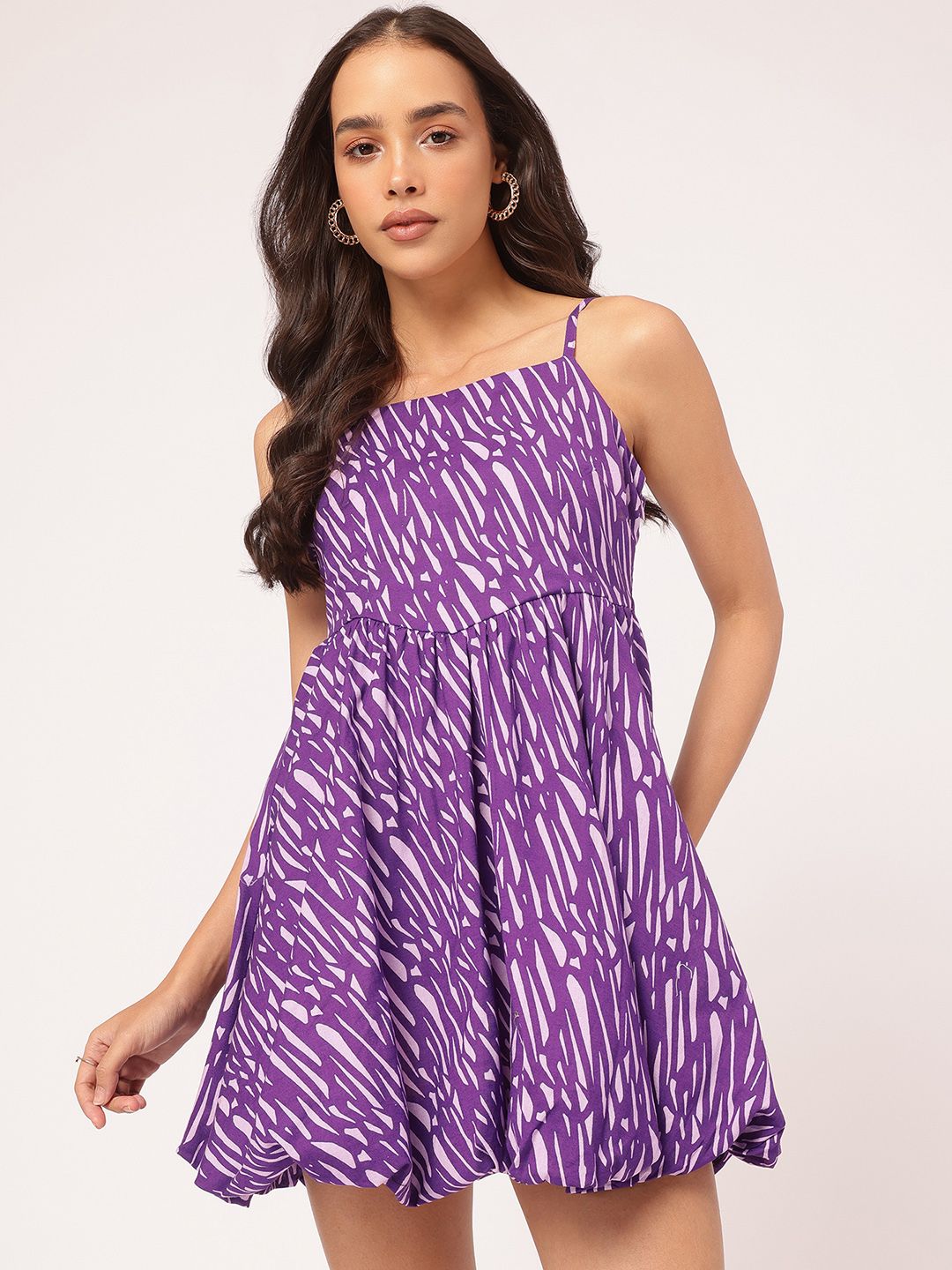 DressBerry Gorgeous & Gleeful Shoulder Straps Printed Mini Balloon Dress