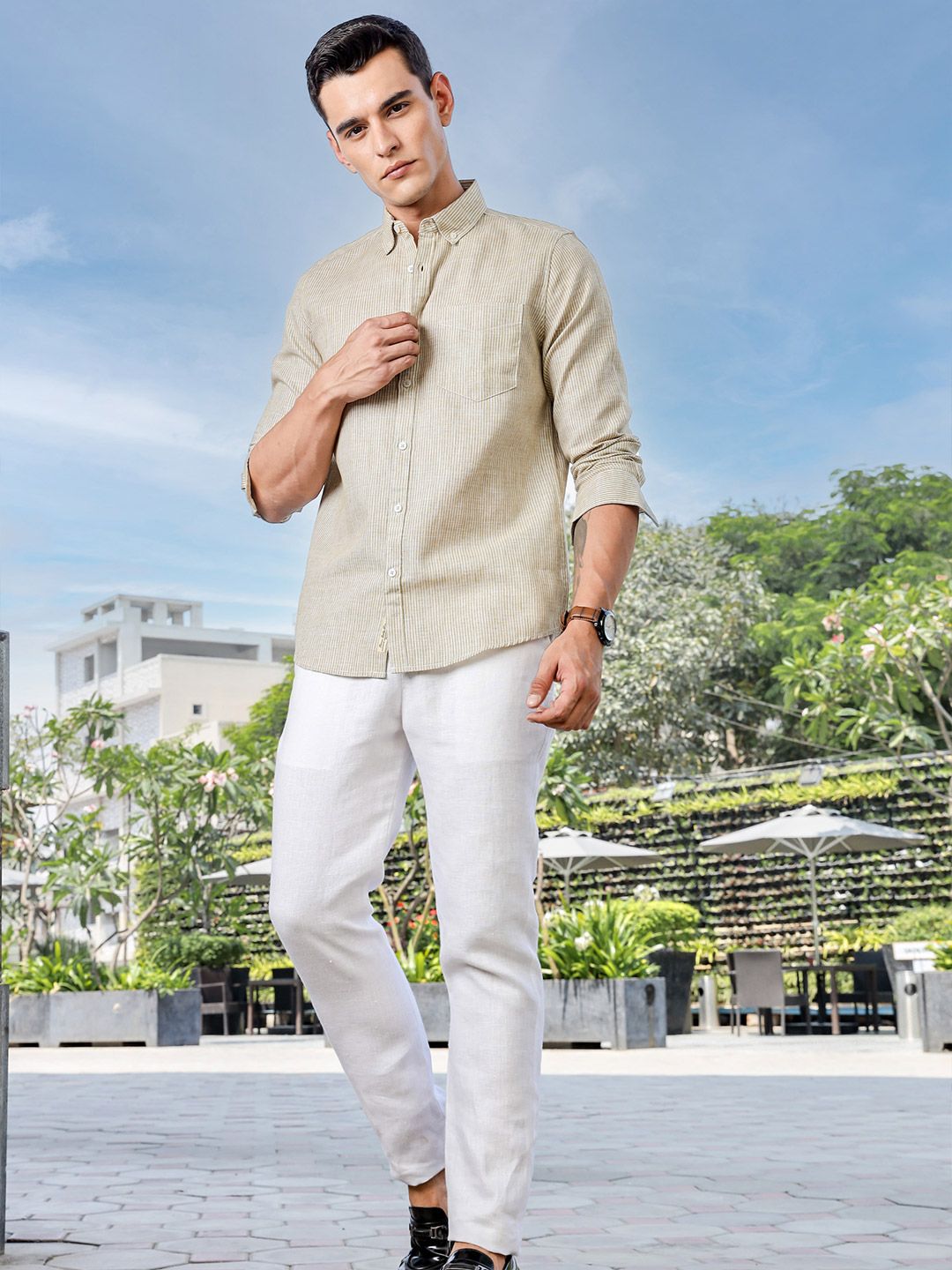 Thomas Scott Men Premium Fit Button-Down Collar Pinstripes Striped Linen Casual Shirt