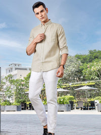 Thomas Scott Men Premium Fit Button-Down Collar Pinstripes Striped Linen Casual Shirt