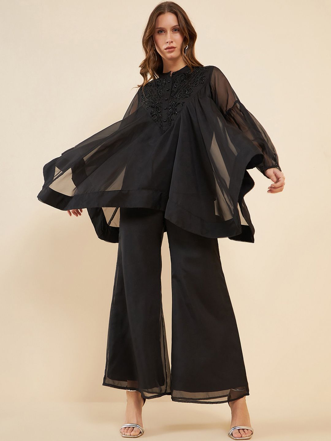 Antheaa Black Embellished Mandarin Collar Asymmetric Hem Organza Tunic With Palazzos