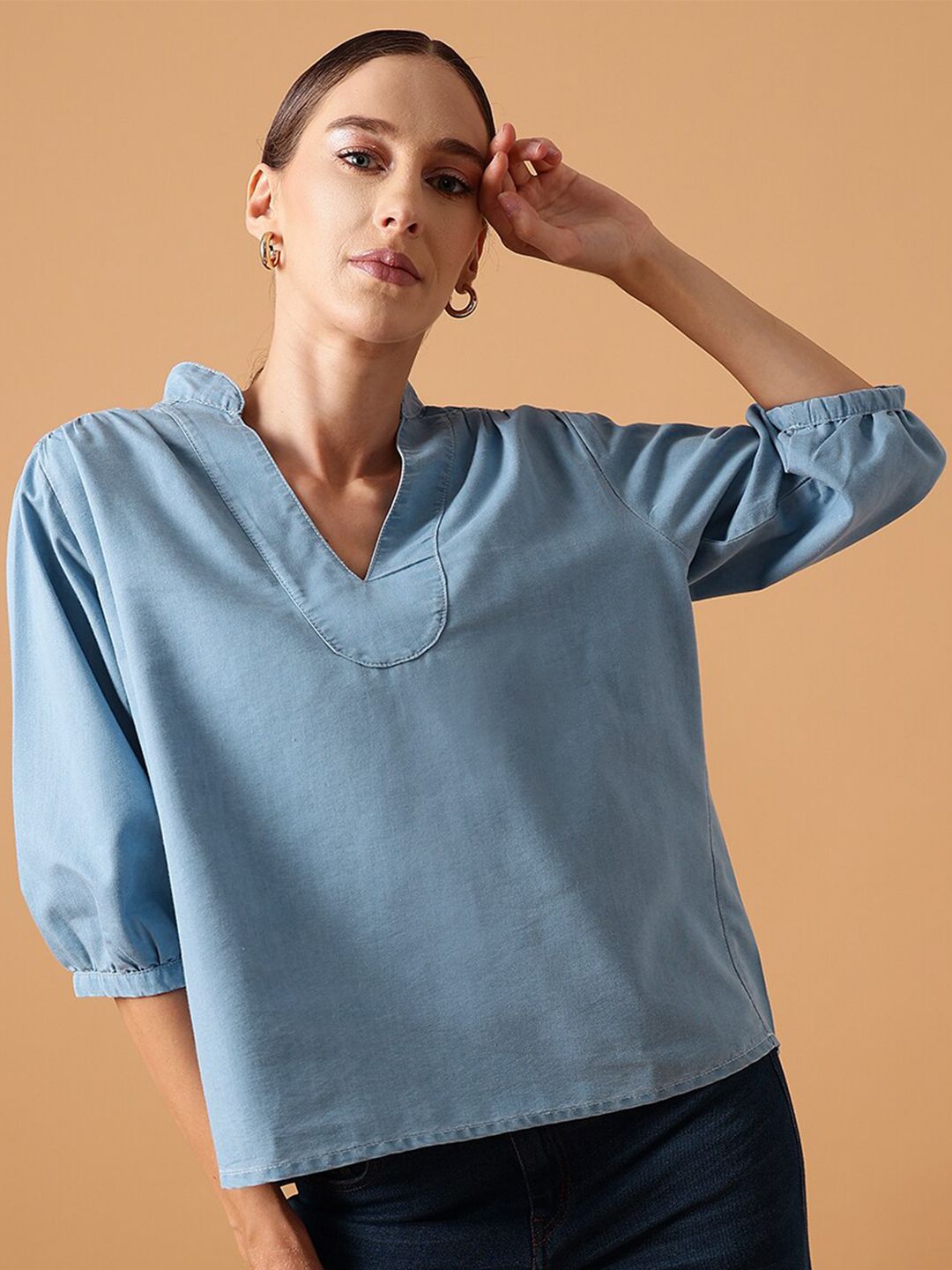 STREET 9 Mandarin Collar Pure Cotton Denim Regular Top