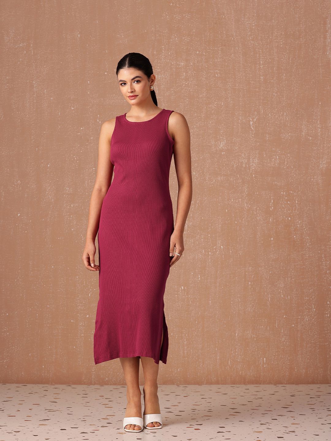 all about you Pure Cotton Ribbed Sleeveless Side Slits Sheath Midi Dress
