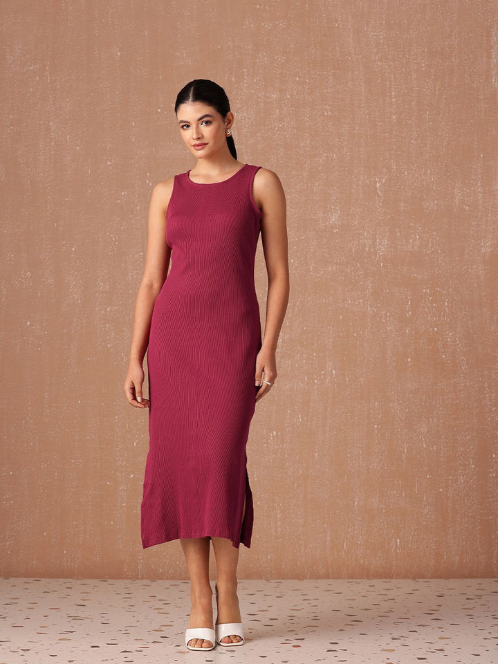all about you Pure Cotton Ribbed Sleeveless Side Slits Sheath Midi Dress