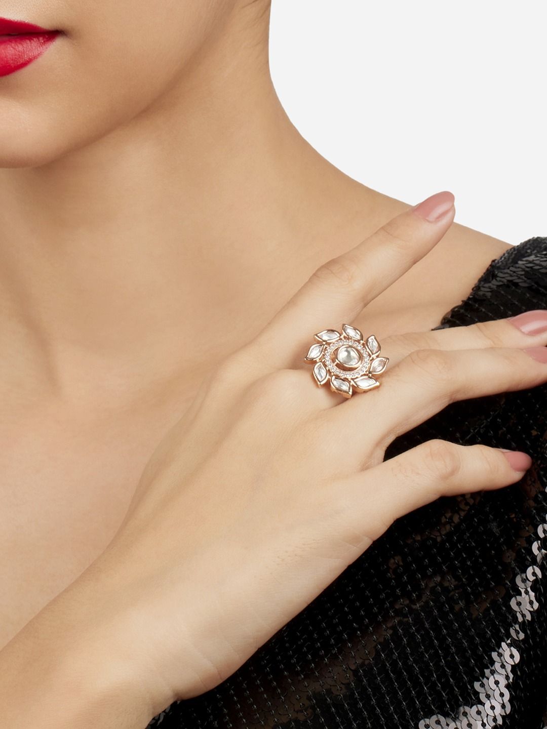 Zaveri Pearls Rose Gold-Plated CZ-Studded Adjustable Finger Ring