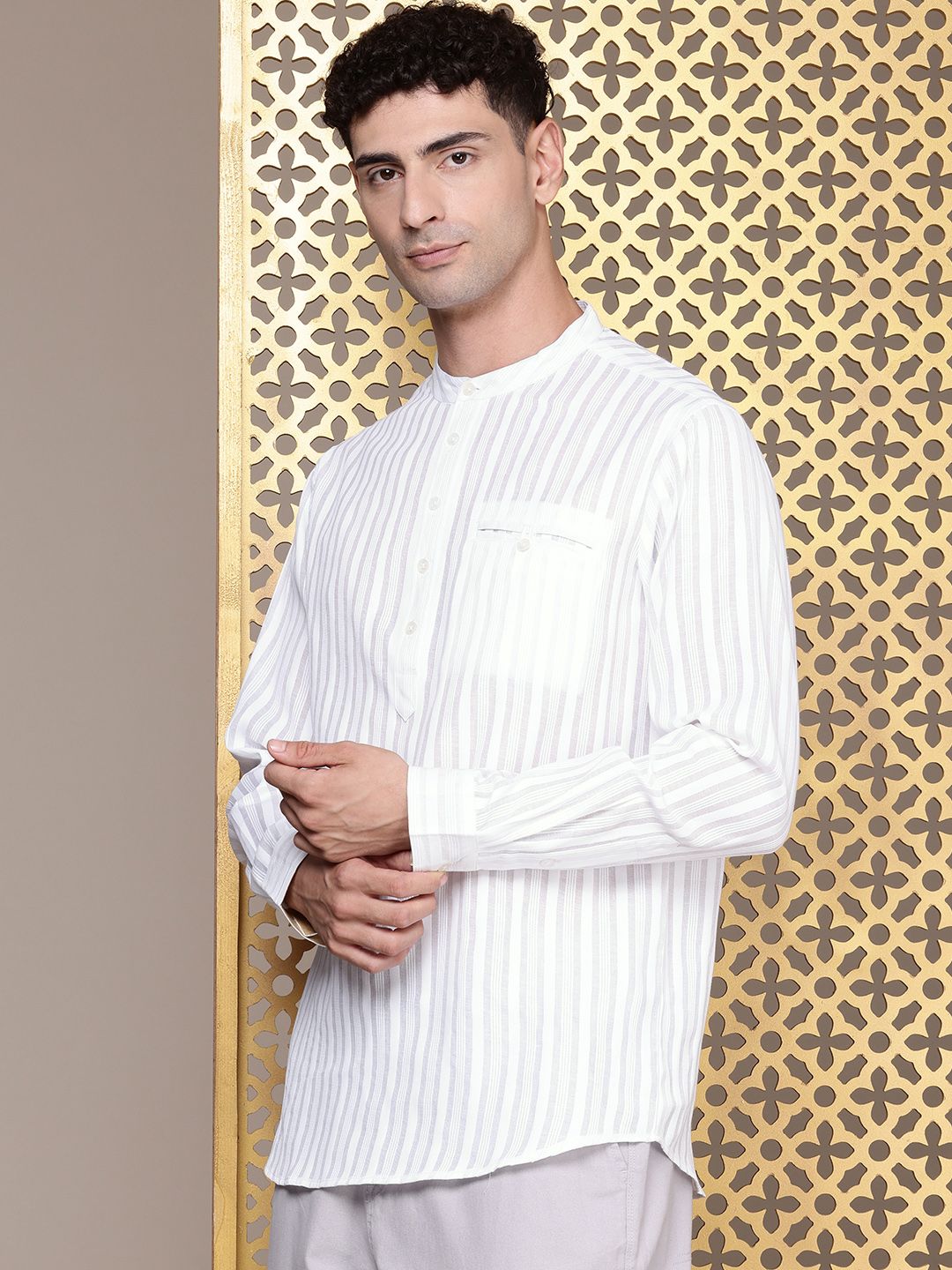 House of Pataudi Band Collar Striped Rozana Kurta