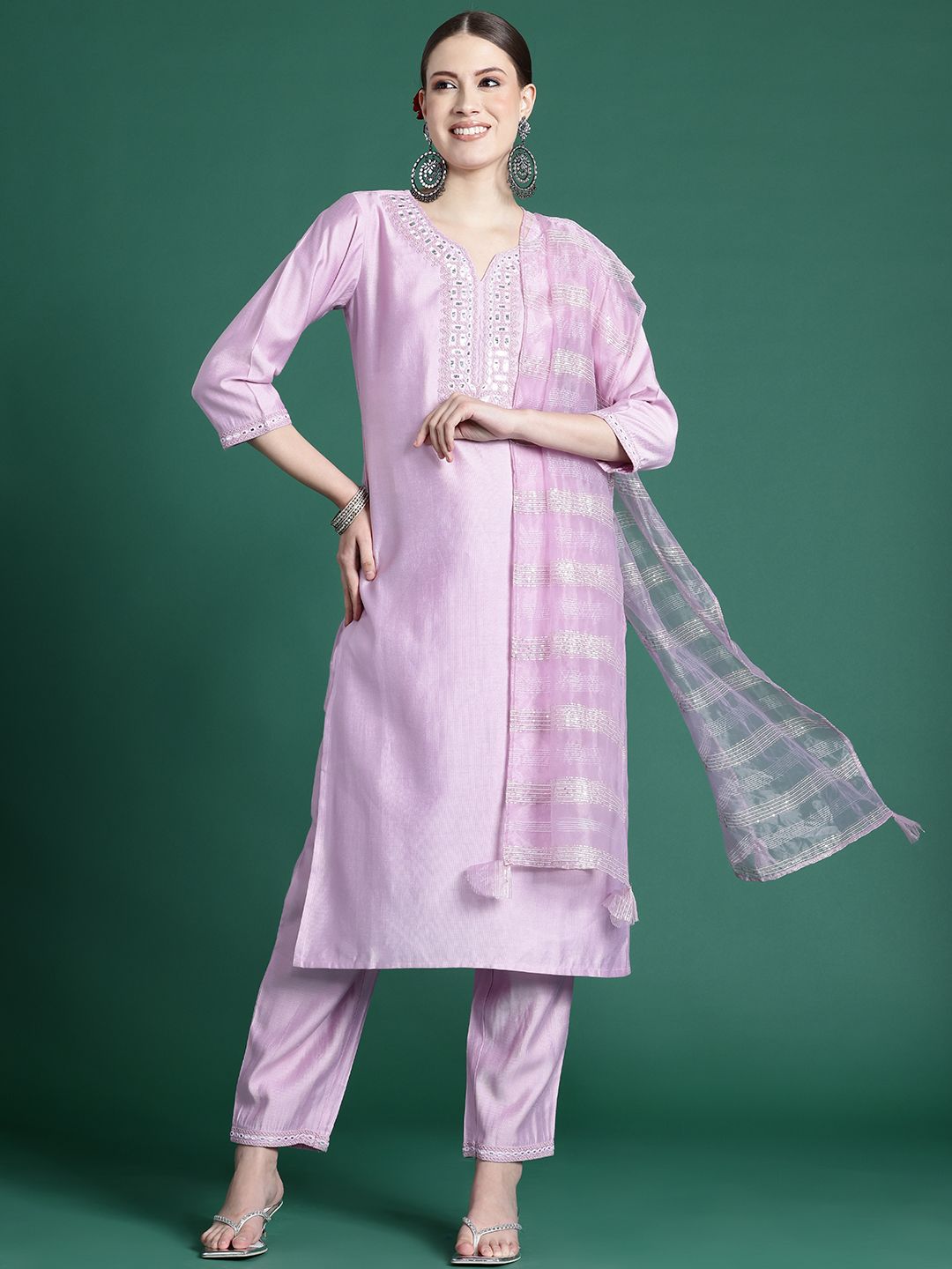 Indo Era Yoke Design Mirror Work Liva Kurta With Trousers & Dupatta