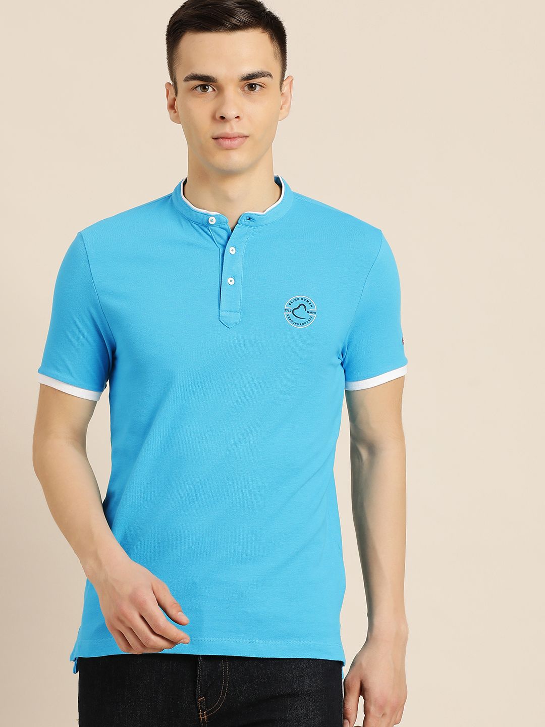 Menjadi T-Shirt Lelaki Mandarin Mandarin Biru T-shirt Slim Cotton Fit dengan Cetakan Logo Jenama