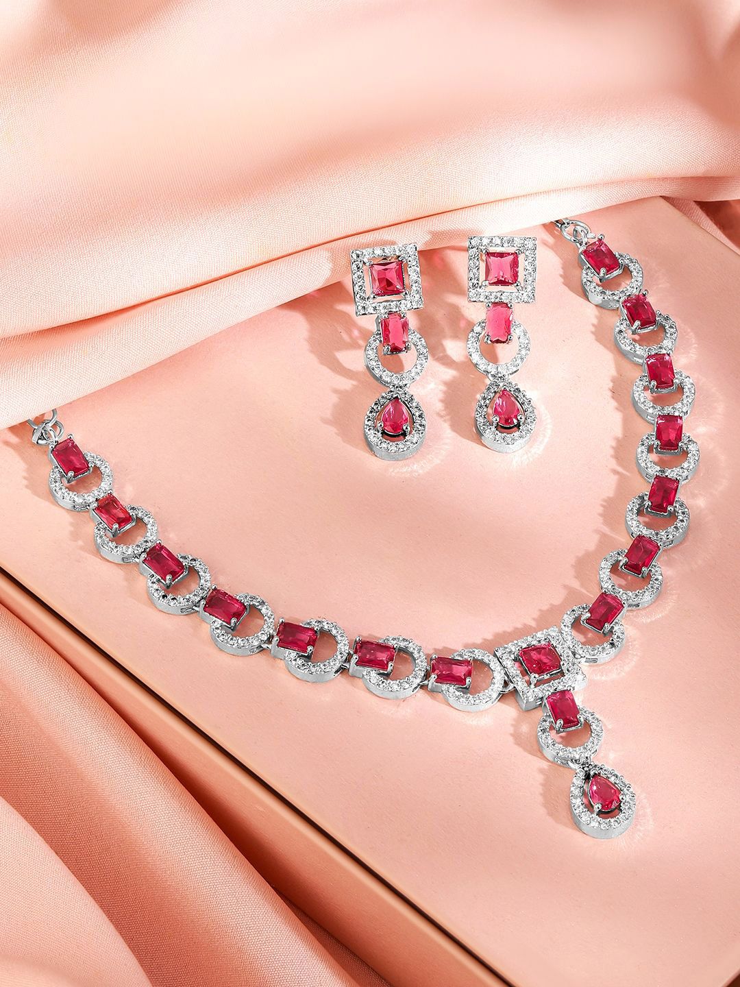 Rubans Rhodium-Plated Ruby Pink AD & Cubic Zirconia Studded Classic Necklace Set