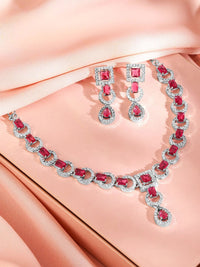 Rubans Rhodium-Plated Ruby Pink AD & Cubic Zirconia Studded Classic Necklace Set